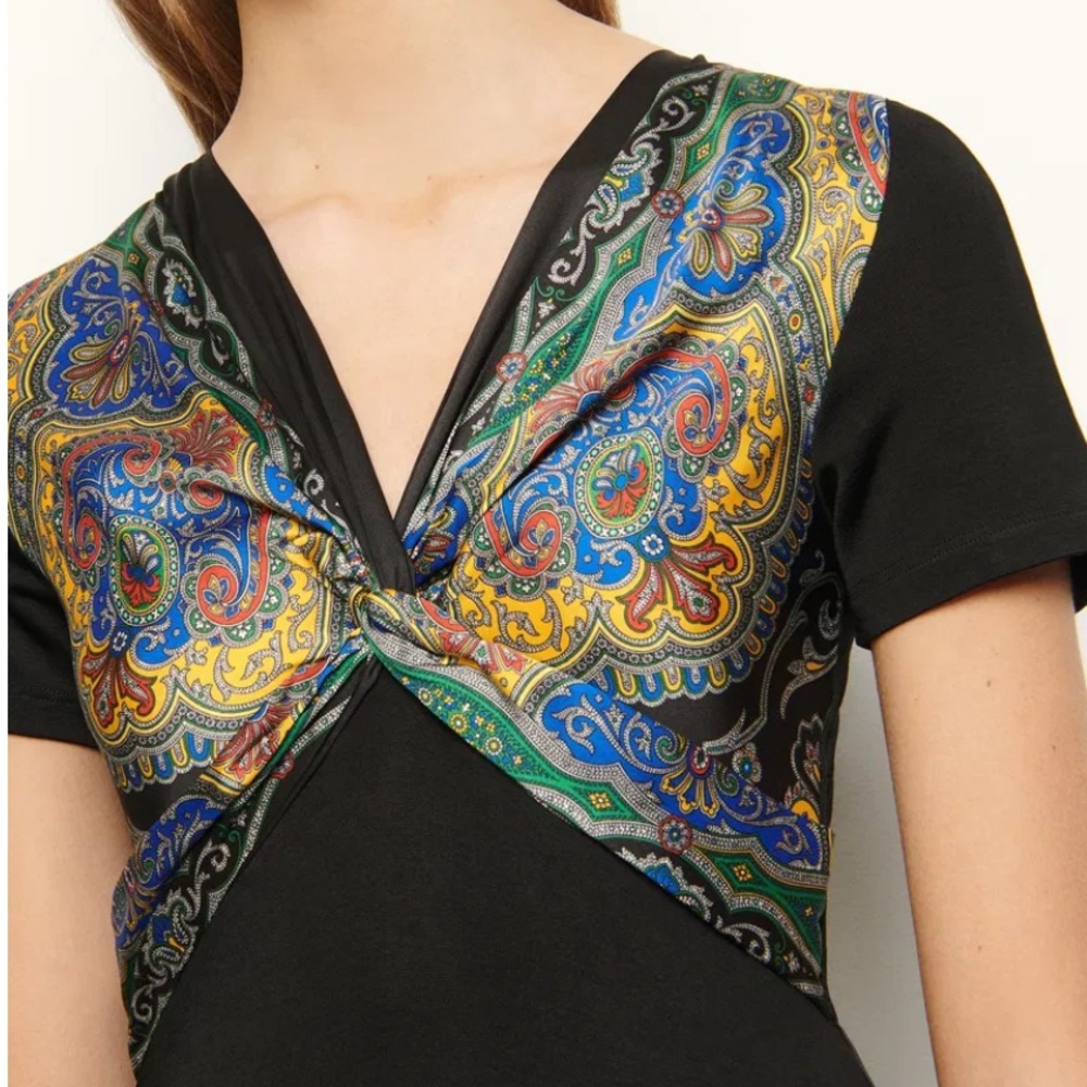 SANDRO Rabba Printed Satin Twill paneled Jersey Midi Dress Black size 6 $695 - Picture 4 of 16